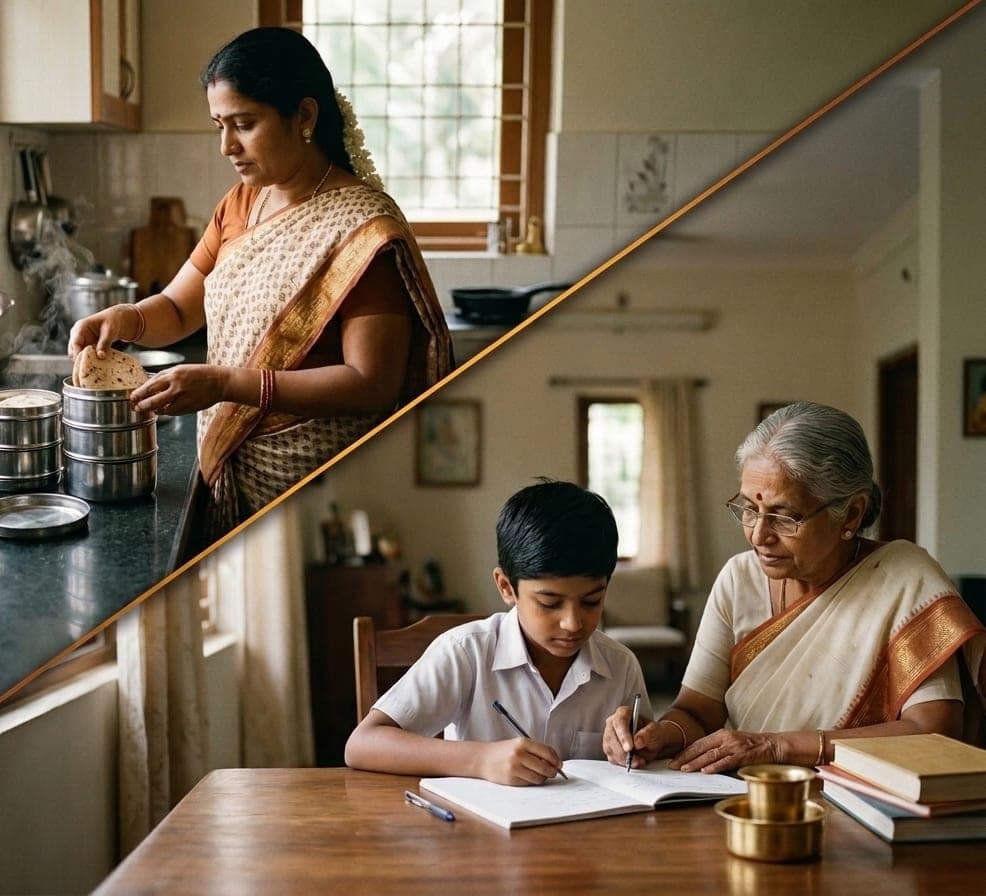 A home cook packing tiffin boxes in her kitchen, and a retired teacher helping a schoolboy with his homework