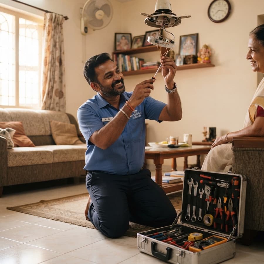 An electrician fixing a ceiling fan in a customer's home