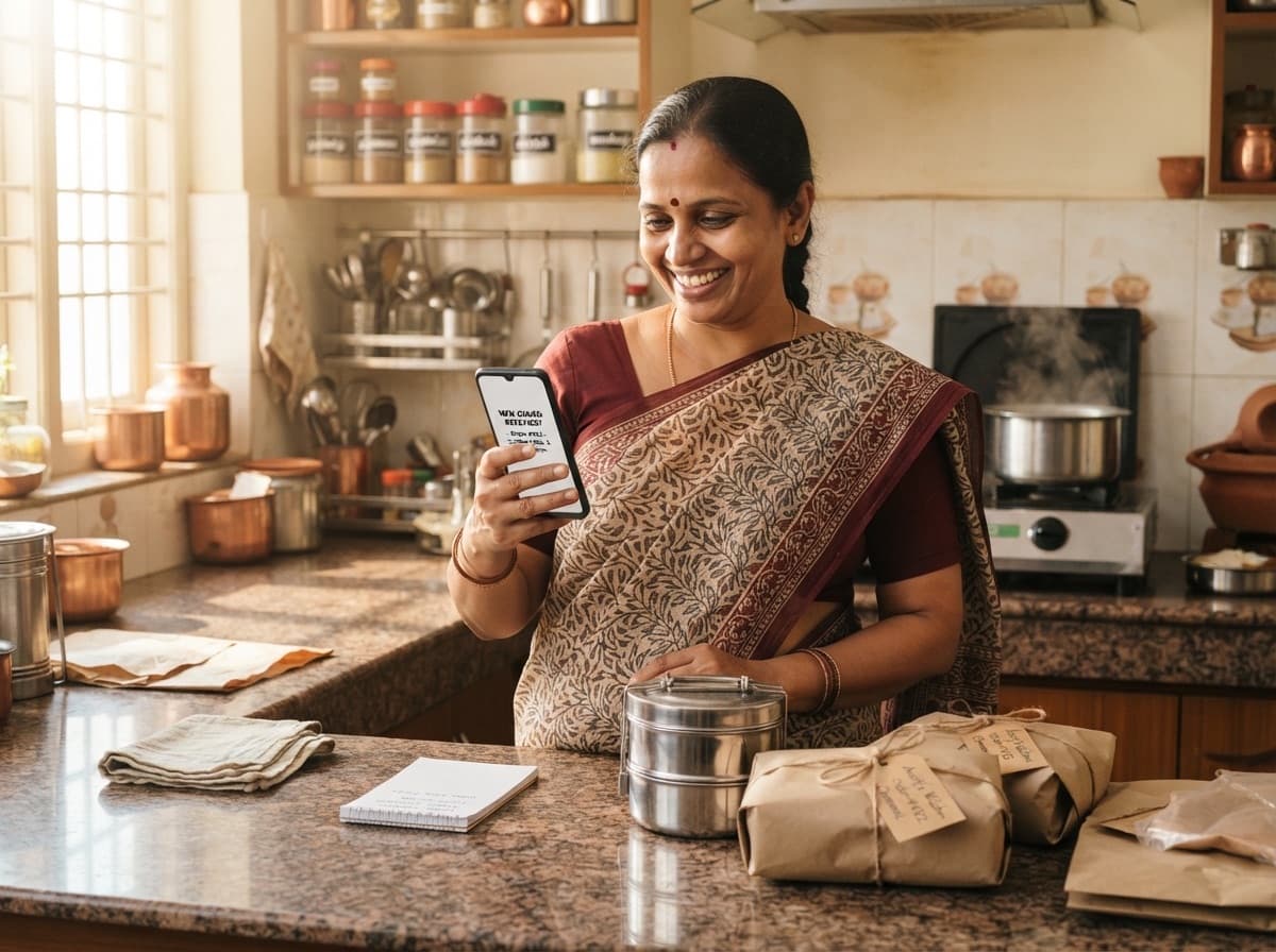 A home cook smiling at a new order on her phone, with packed tiffin boxes ready