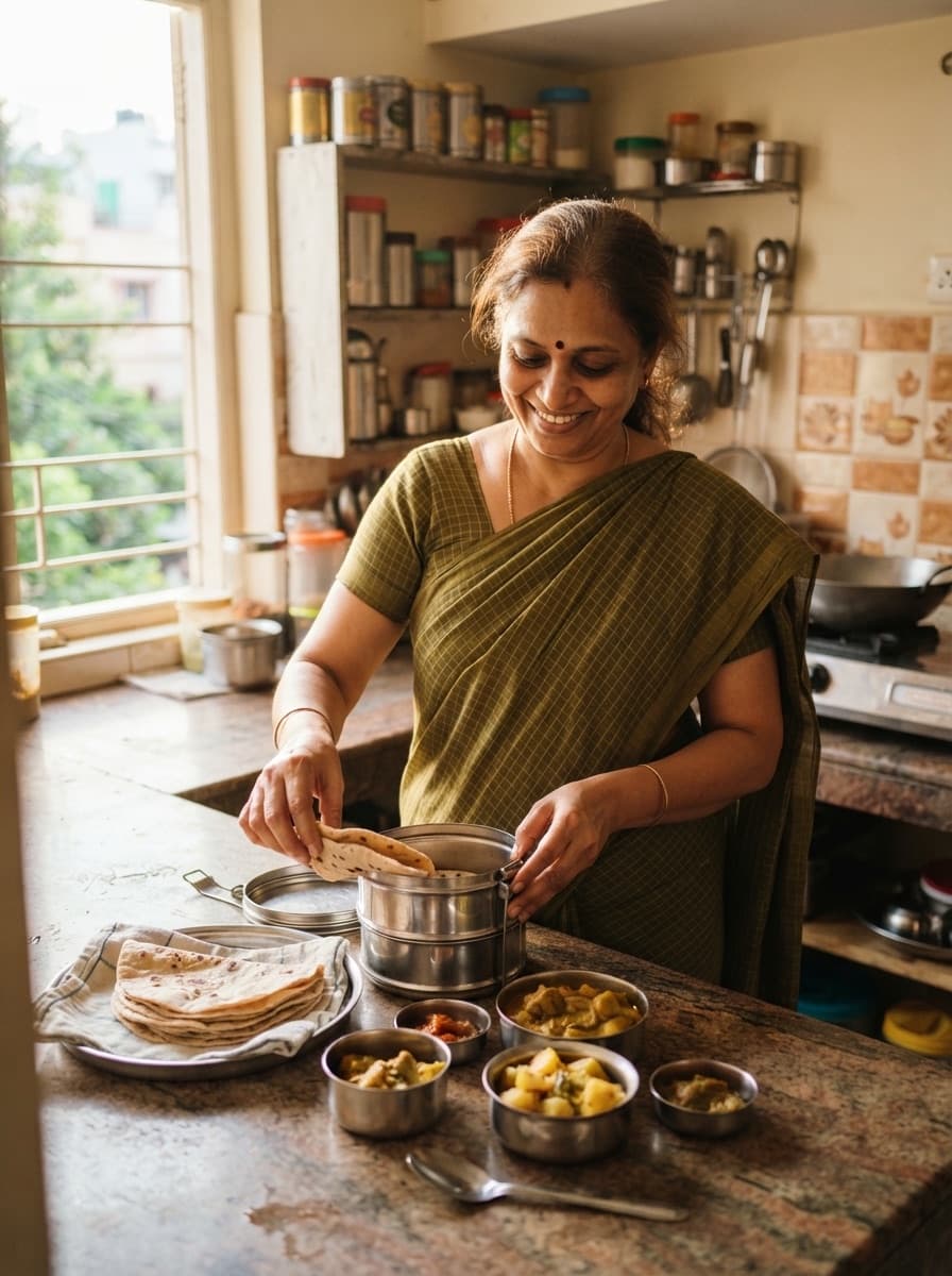 A home cook packing chapatis into a tiffin box