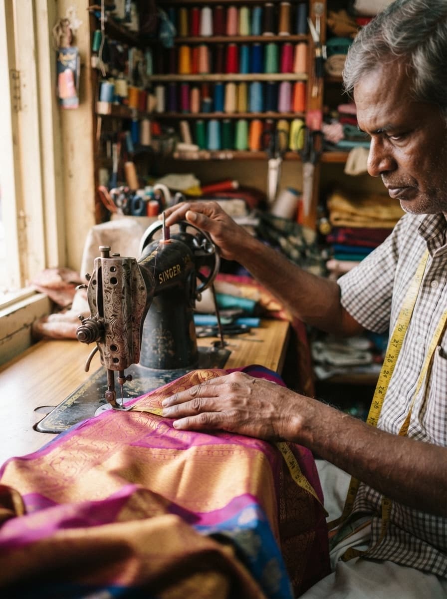 A tailor stitching silk at his sewing machine